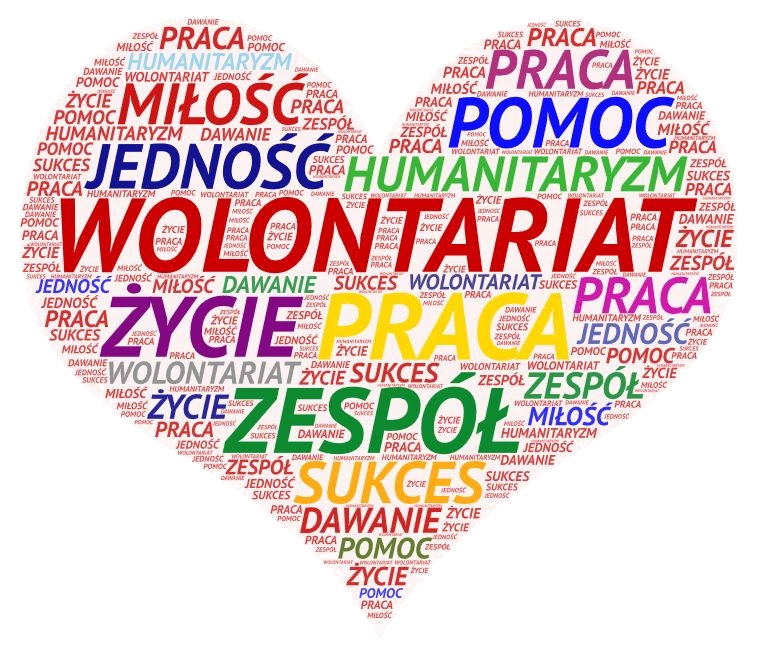 Wolontariat Serce wykonane z napisów: wolontariat, życie, miłość, pomoc, zespół, humanitaryzm, praca, jedność, dawanie, sukces